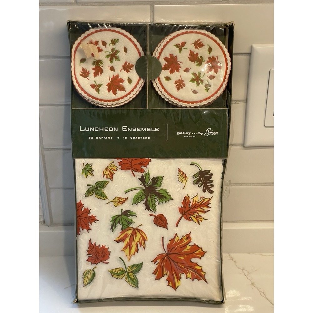 Vintage Luncheon Napkin Coaster Set Autumn Fall Leaves Event Entertain‎ MCM Dine